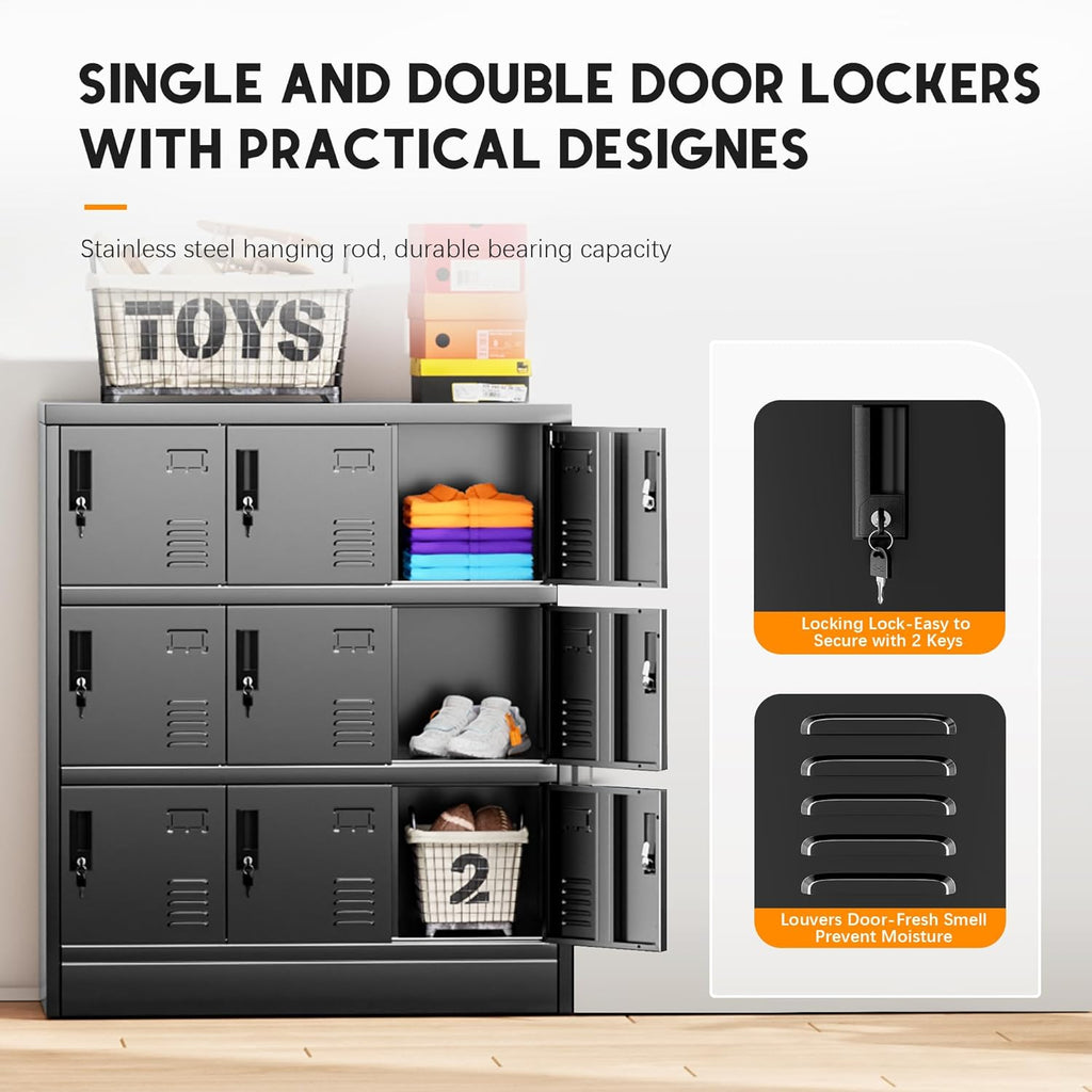 9 Door Metal Lockers for Employees, Black Lockable Steel Locker with Lock and Card Slot for Office, Gym, School, Home, Garage, Assembly Required