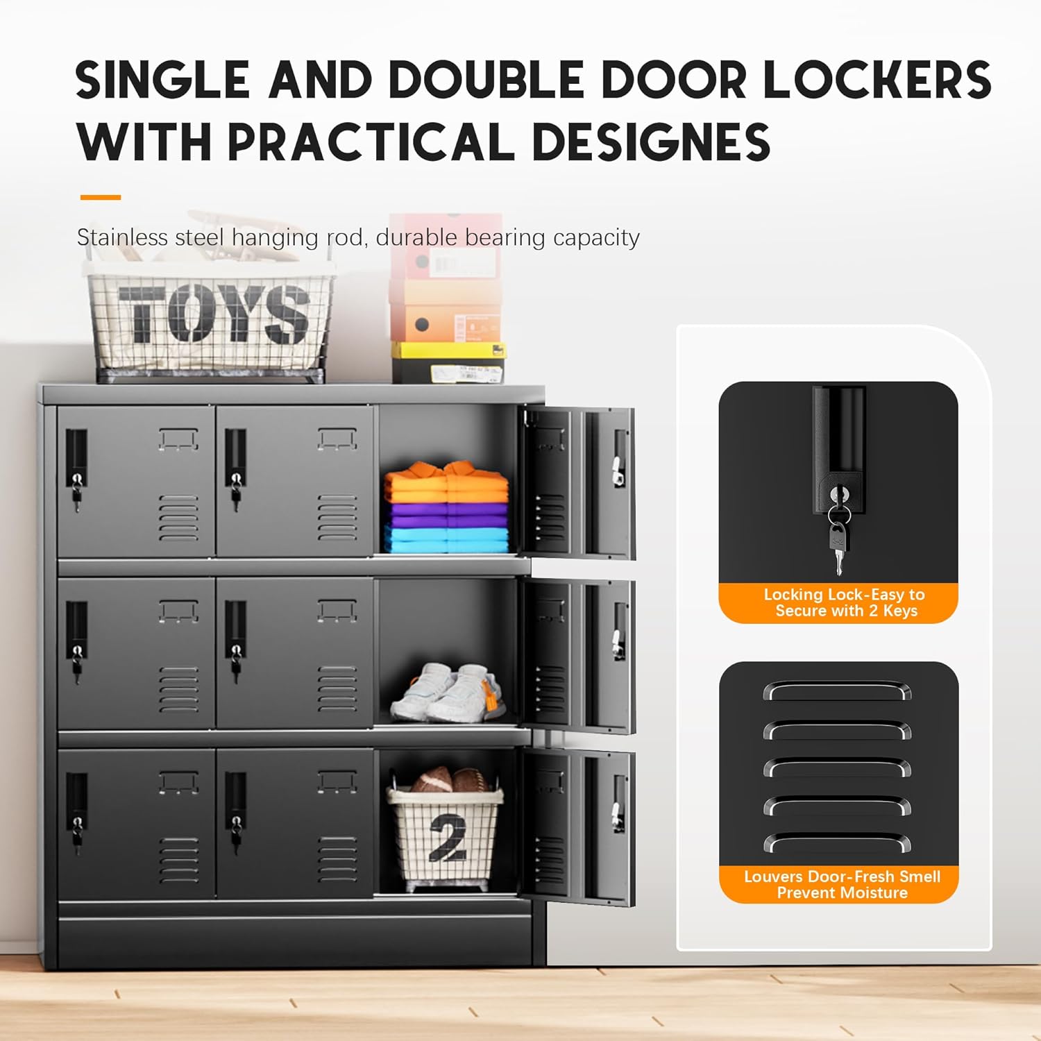 9 Door Metal Lockers for Employees, Black Lockable Steel Locker with Lock and Card Slot for Office, Gym, School, Home, Garage, Assembly Required