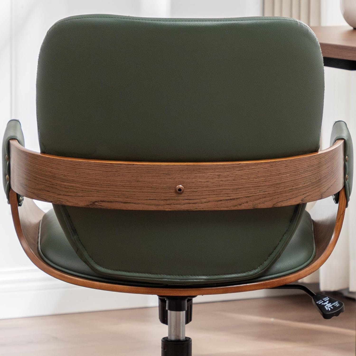 Mid Century Modern Desk Chair, Faux Leather Office Chair with Walnut Finish | Ergonomic Curved Back, Bentwood Frame, 360° Swivel & Rocking Function, Height Adjustable 19"-23", Support Up to 350 lbs