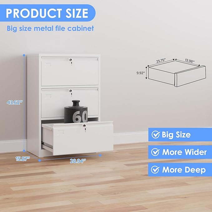 SUXXAN 3 Drawer File Cabinet, Lateral Filing Cabinet - Image 3