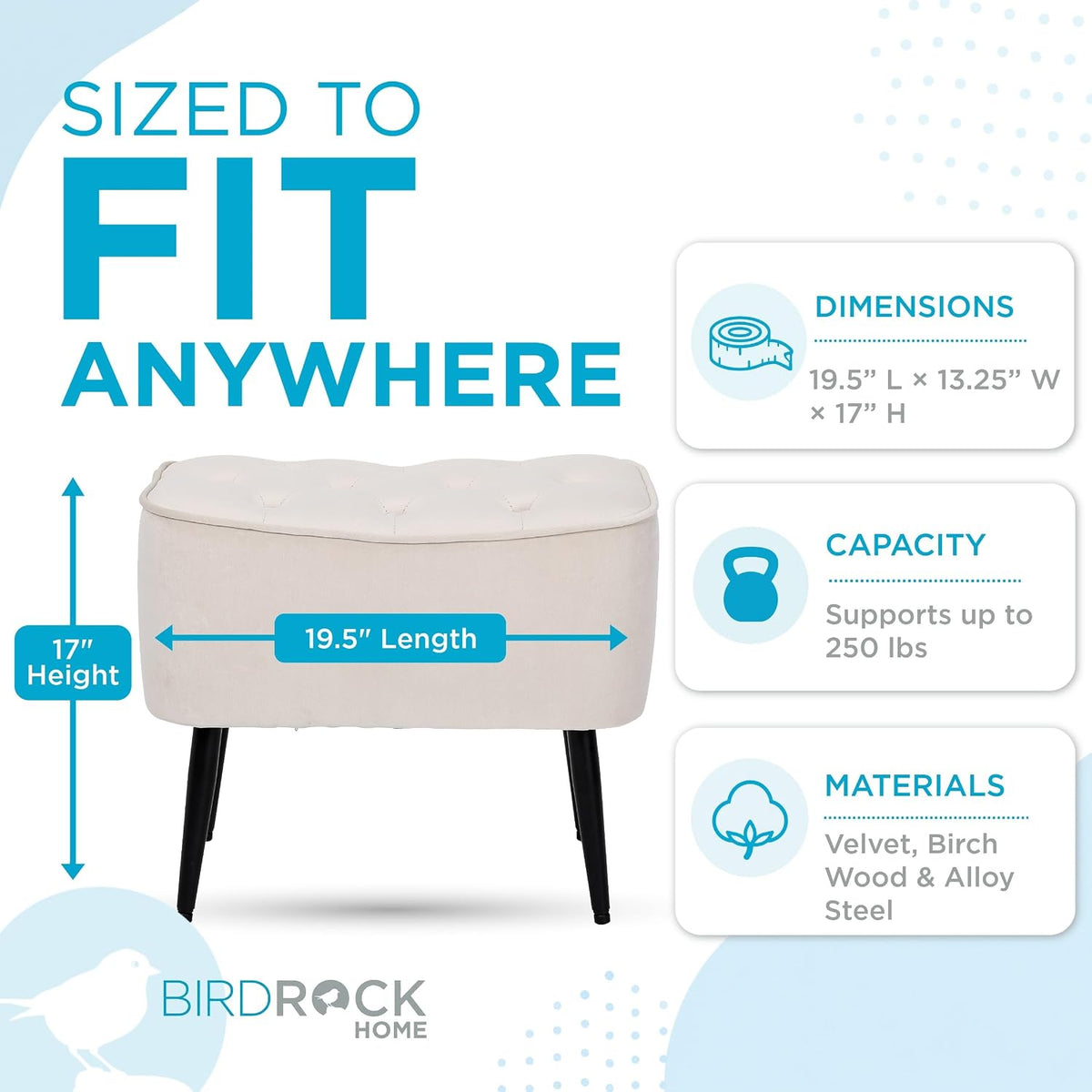 BIRDROCK HOME Tufted Curve Ottoman Velvet Foot Stool - Modern Upholstered Pad...