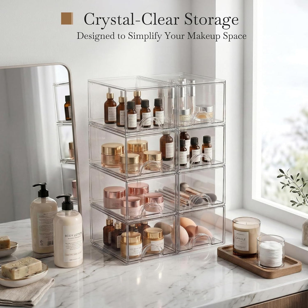 small clear stackable acrylic storage boxes & drawers, side view