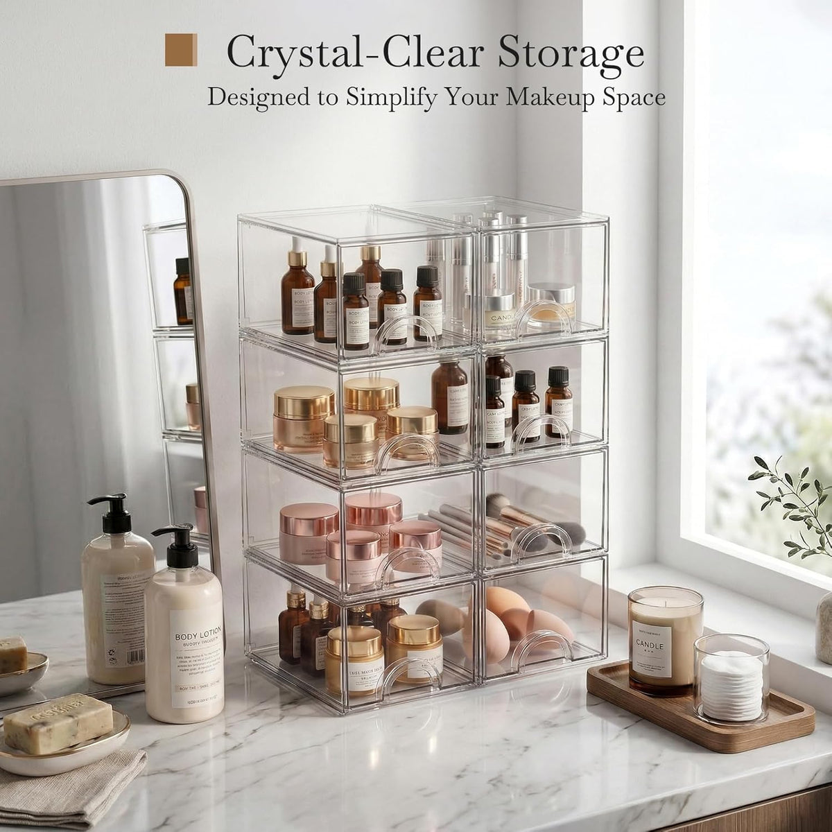 small clear stackable acrylic storage boxes & drawers, side view