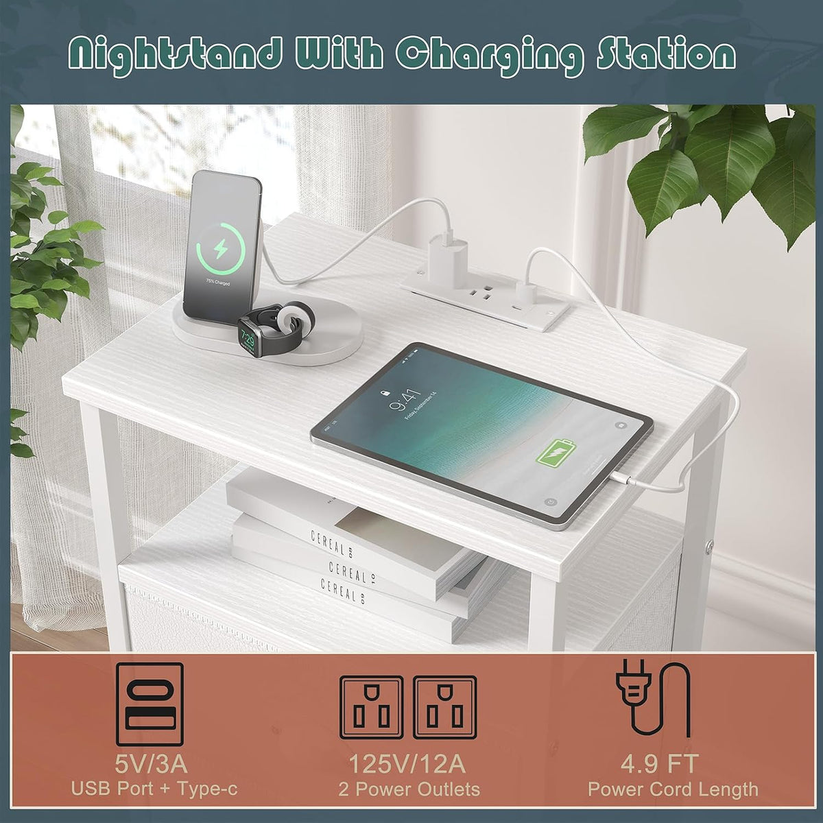 sthmec Nightstand with Charging Station,LED White Nightstands with 5 Fabric D...