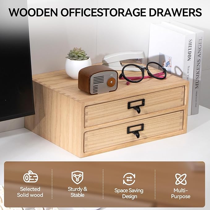 Kirigen Natural Wood Desktop Storage Cabinet -Shallow Type Drawers - Image 5