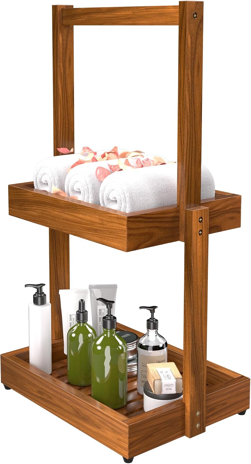 Teak Bathroom Shelf Towel Holder - 2 Tier