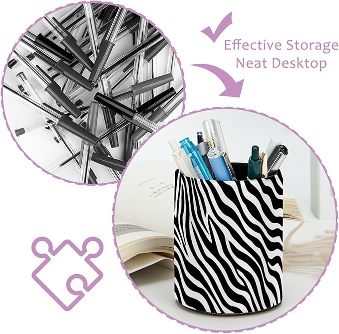 Leather Pen Holder for Desk Zebra Print Pencil Cup Desktop Organizer Makeup - Image 4