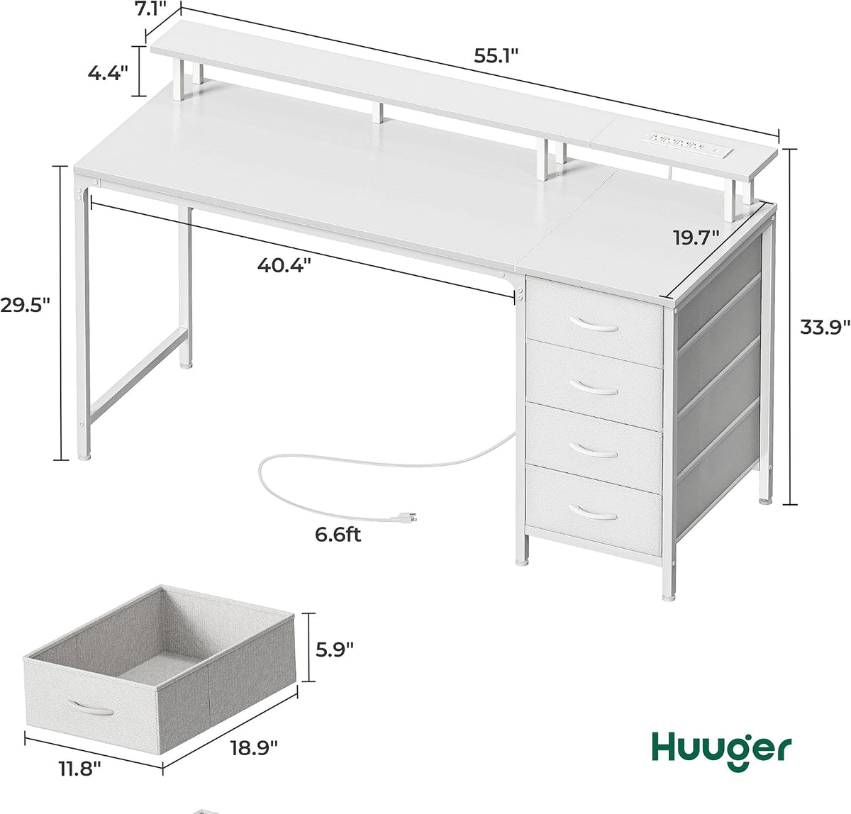 Huuger 55 Inch Computer Desk with Power Outlets and LED Lights, Gaming Desk w...