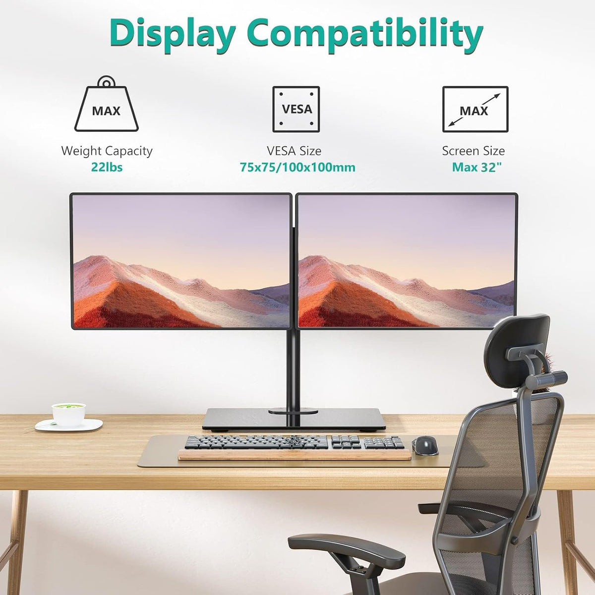 wali free standing dual monitor stand, height adjustable shown in use