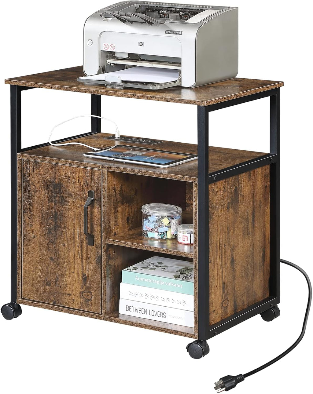 Lateral File Cabinet,Office Filing Cabinets with Socket and USB Charging Port,Modern Rolling Printer Stand with Storage for A4, Letter Size and File Folders,for Home Office, Rustic Brown
