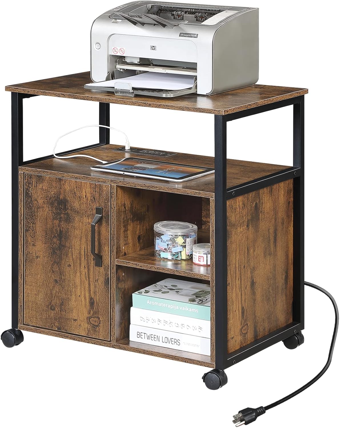 Lateral File Cabinet,Office Filing Cabinets with Socket and USB Charging Port,Modern Rolling Printer Stand with Storage for A4, Letter Size and File Folders,for Home Office, Rustic Brown