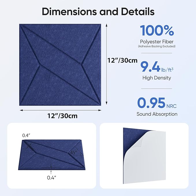 UNECHO 12 Pack 12" X 12" X 0.4" Acoustic Panels - Image 3