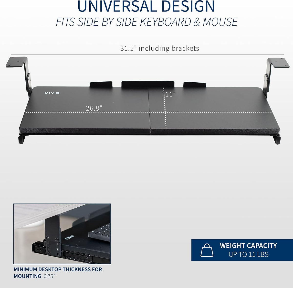 VIVO Black Under Desk 27 x 11 in Adjustable Keyboard Tray, MOUNT-KB27HB