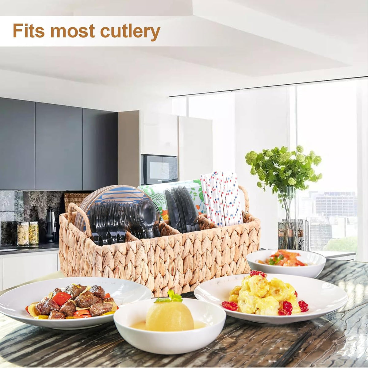 Wicker Party Silverware Caddy, Water Hyacinth Plastic Cutlery Utensil Holder,...