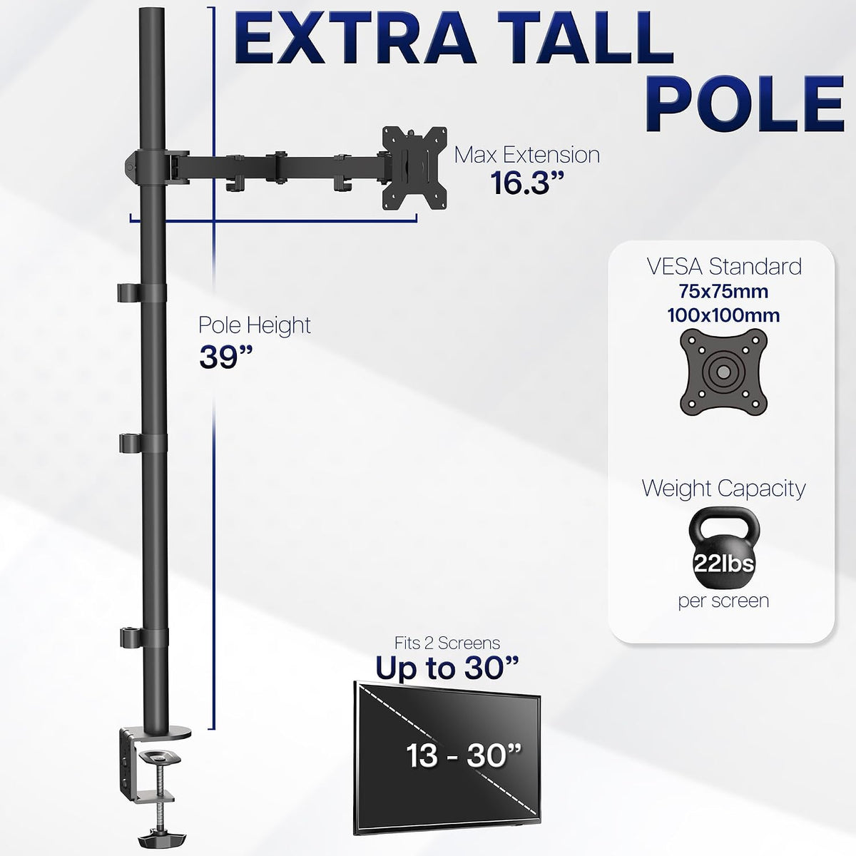 VIVO Extra Tall Single Monitor Desk Mount, 39 inch Pole VESA Stand for 13 to ...