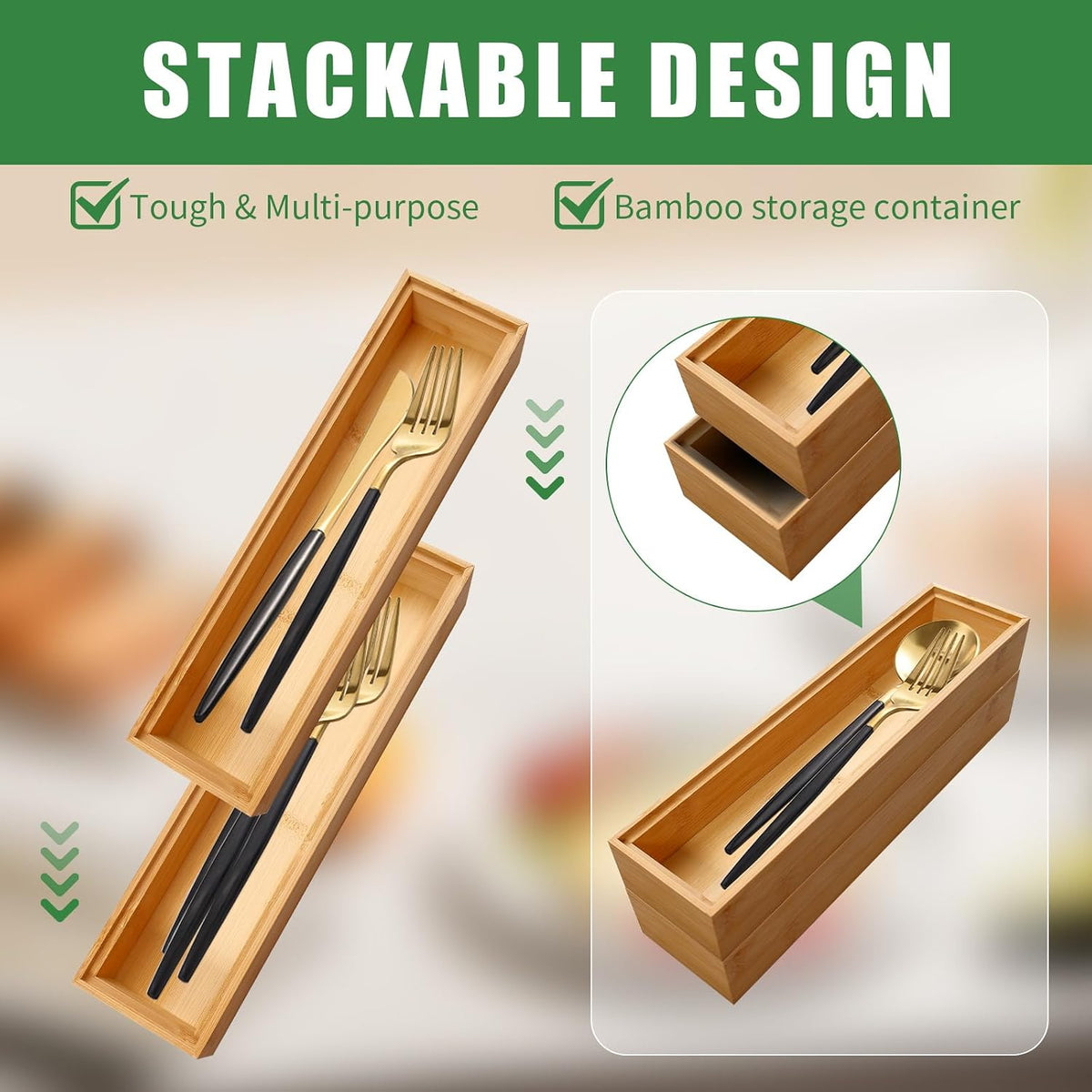 10 Pack Bamboo Drawer Organizers Stackable Wooden Cutlery Storage Boxes for K...