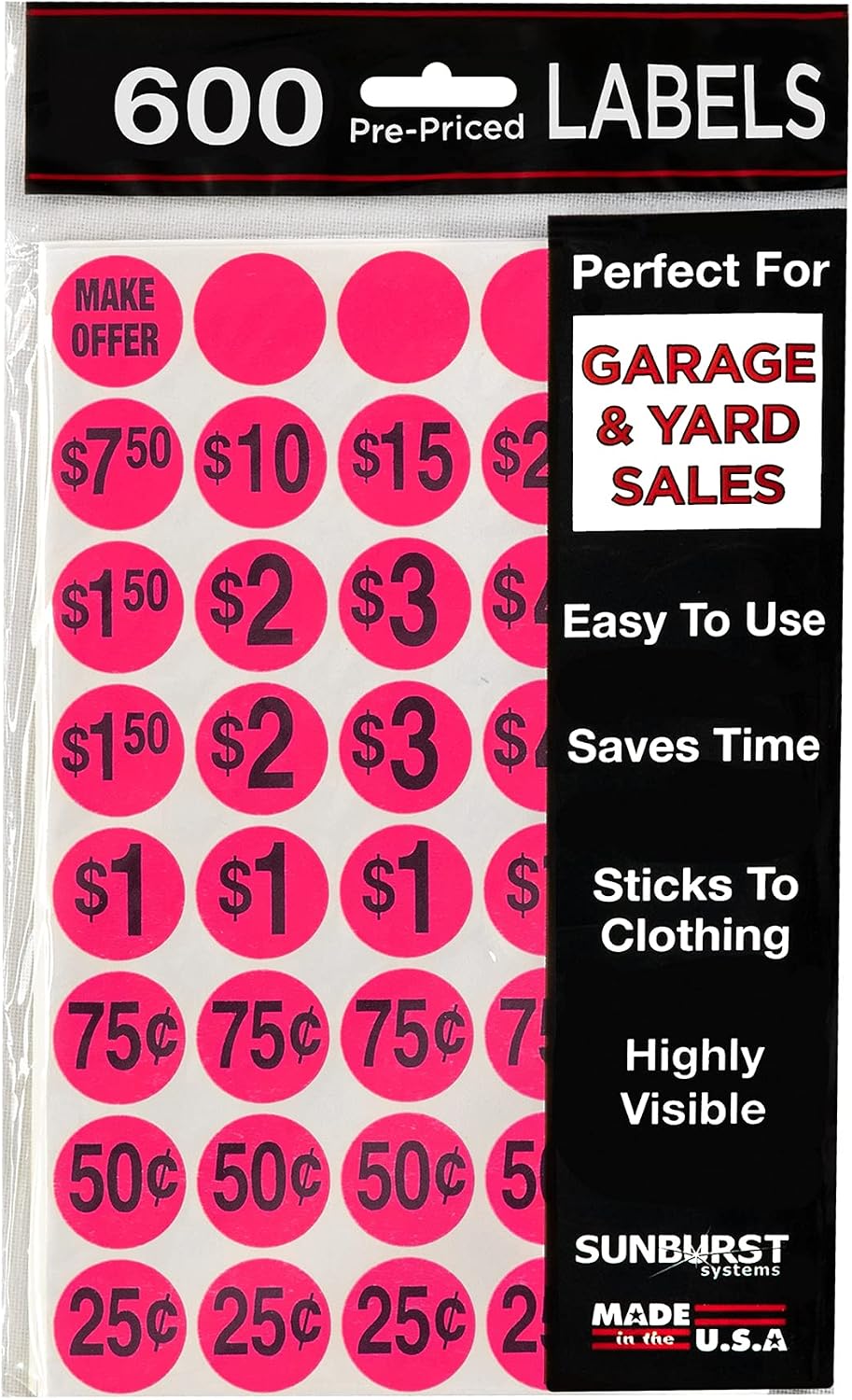 Sunburst Systems 7030 Pre-Priced Garage Sale Stickers (Labels),600 Count, Pink