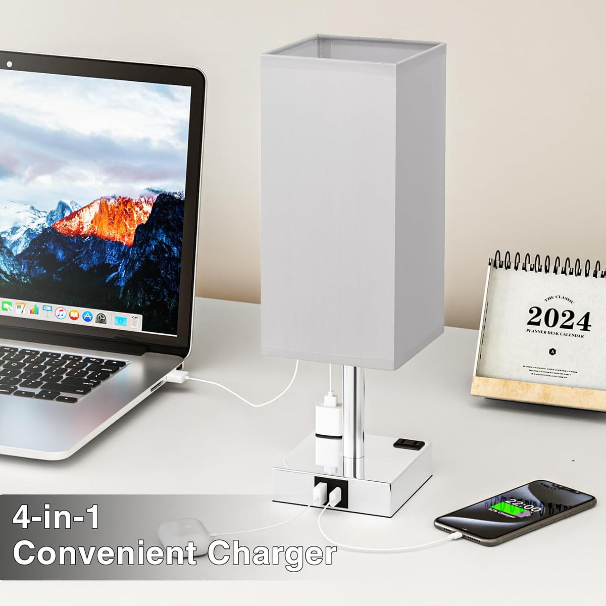 Set of 2 Grey Touch Table Lamp for Bedroom, Dimmable, USB C+A, 2 AC Outlets