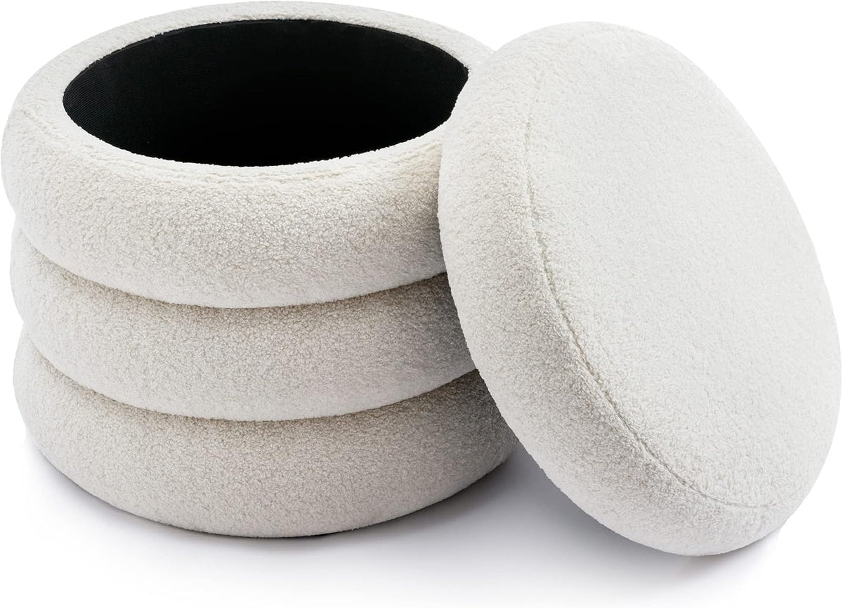 Boucle Ottoman with Storage, Small Round Footrest Stool for Living Room Bedro...