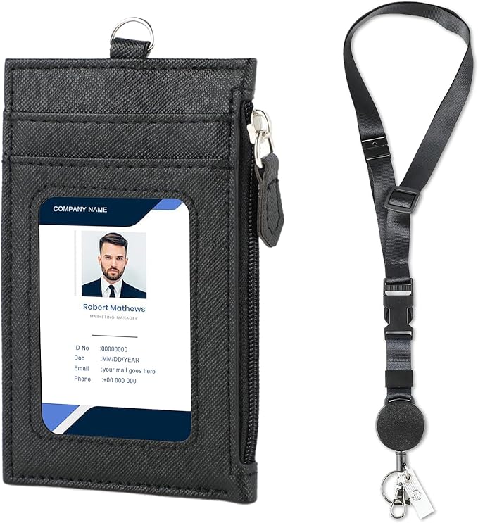 DELSWIN Badge Holder with Retractable Lanyard, PU Leather ID Badge Card Holder by DELSWIN