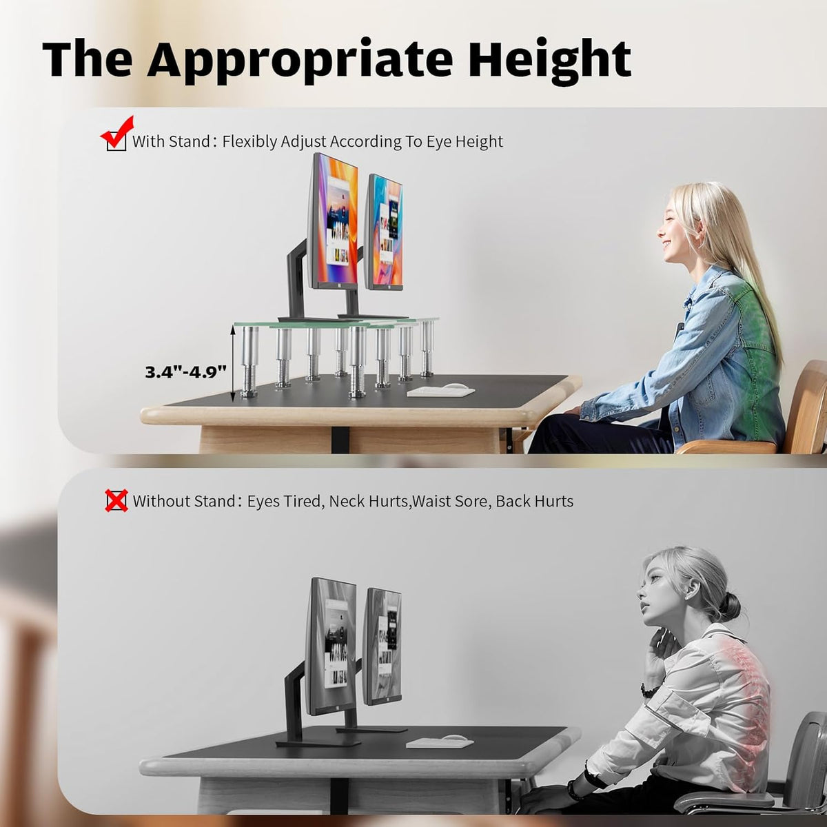 hemudu dual monitor stand -adjustable length and angle, close-up detail