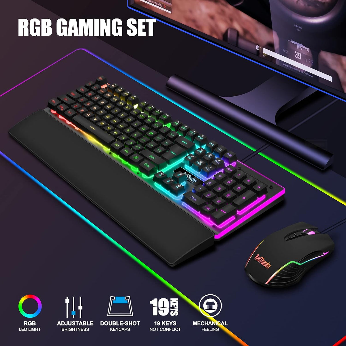 RedThunder K10 Wired Gaming Keyboard and Mouse and Wrist Rest Combo, RGB Back...