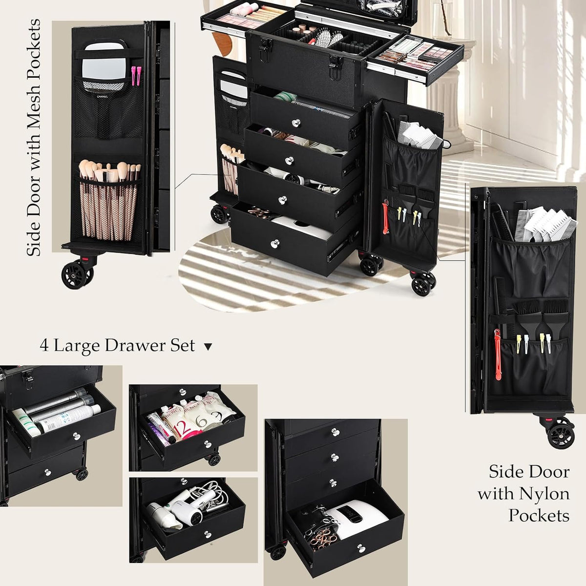 Joligrace Professional Rolling Makeup Case 4 Drawers Pro Makeup Artist Cosmet...