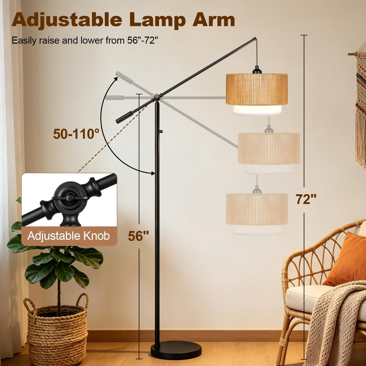 【Upgraded】Boho Dimmable Floor Lamps with Adjustable Swing Arm, 1100 Lumens Bu...