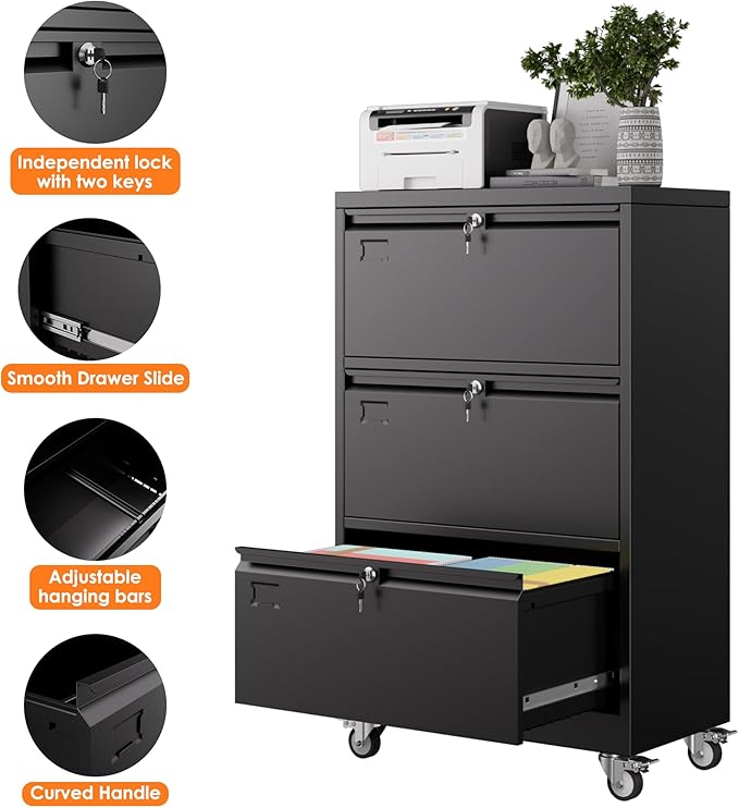 METAN Upgrade 3 Drawers Lateral File Cabinet on Wheels, Steel Office Filing - Image 5