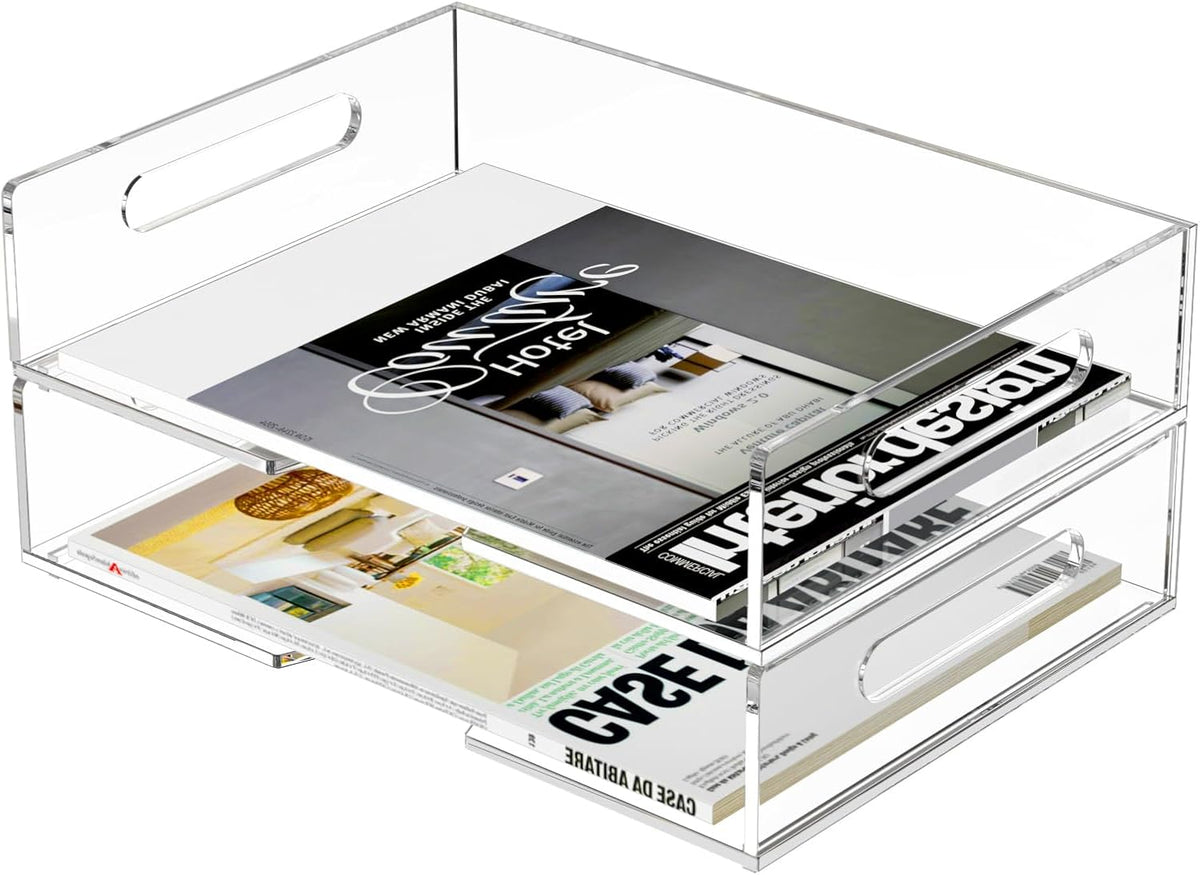 HIIMIEI Acrylic Paper Tray 2 Pack Clear Letter Tray Desk Stackable Organizer ...