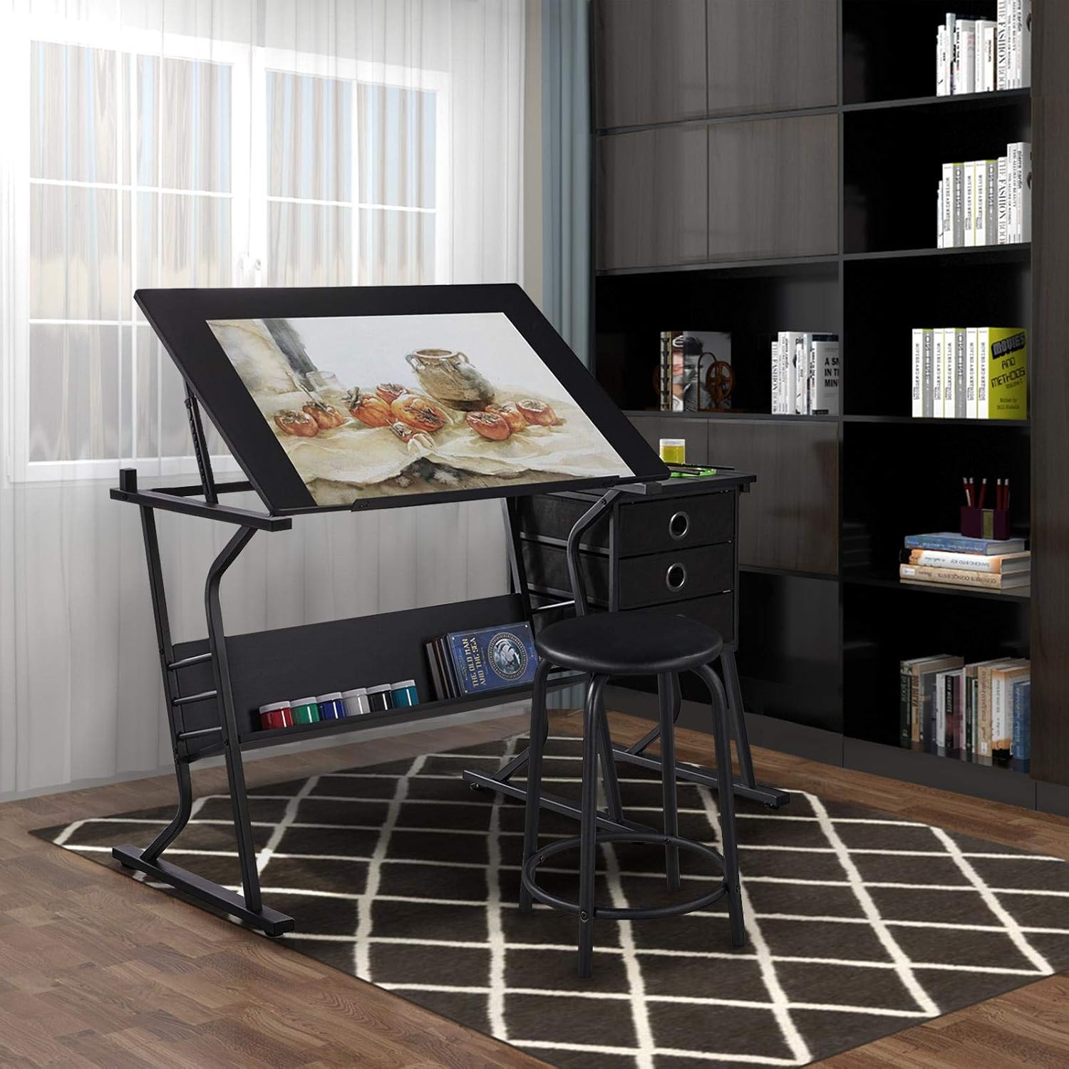 Topeakmart Height Adjustable Drafting Table Art Craft Desk Work Station Hobby Design Studio Tiltable Tabletop Drawing Desk with Stool & Storage Drawers