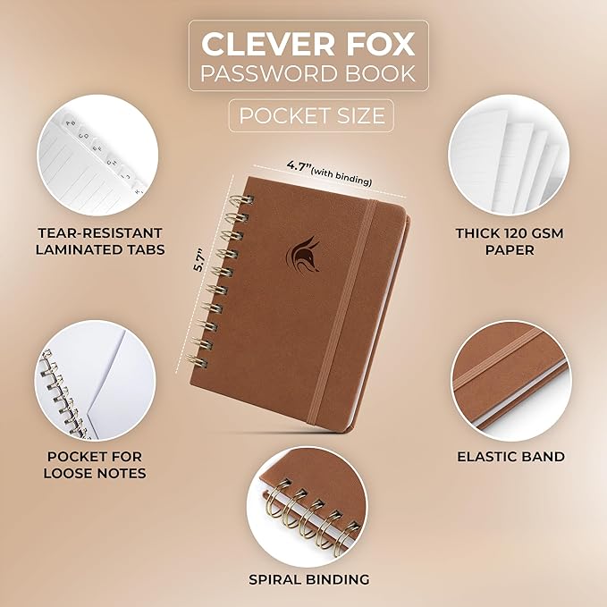 Clever Fox Password Book Spiral – Mini Internet Address & Password Organizer - Image 2