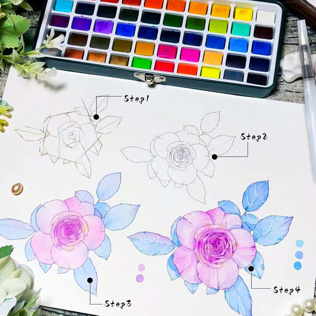 artecho 168-color watercolor paint set with metallics, tin, side view