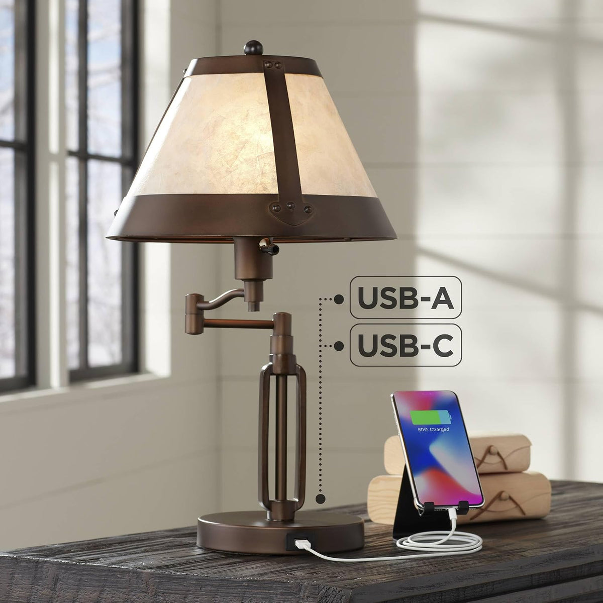 Samuel 21 1/4" High Bronze Brown Desk Lamp USB Mica Shade Swing Arm