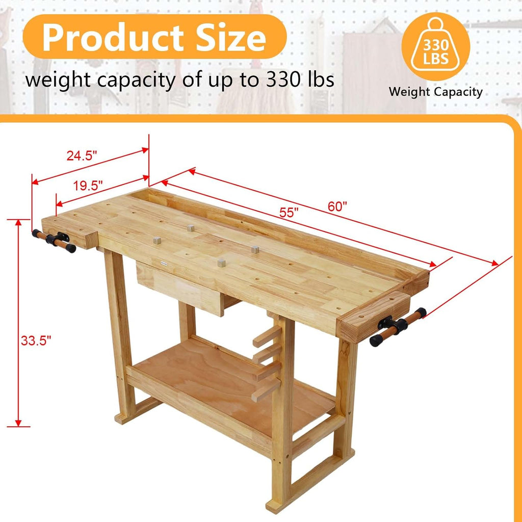 55" rubber wood workbench with drawer& shelf, 330 shown in use