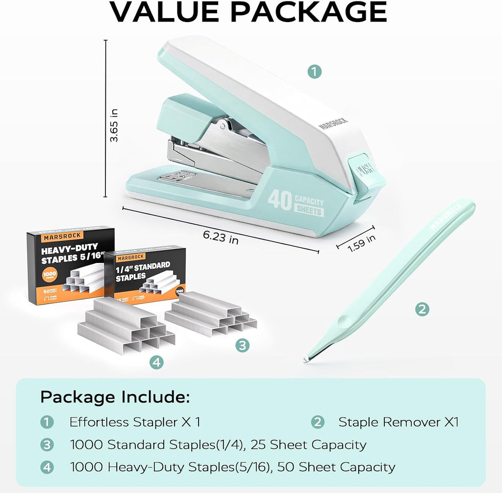 Marsrock Heavy Duty Stapler for Desk with 40-50 Sheet, 2000 Staples, Green | Classroom Stapler, Teacher Stapler, Office Stapler, Ergonomic & Easy-to-Load Desktop Stapler, Magnetic Staple Remover