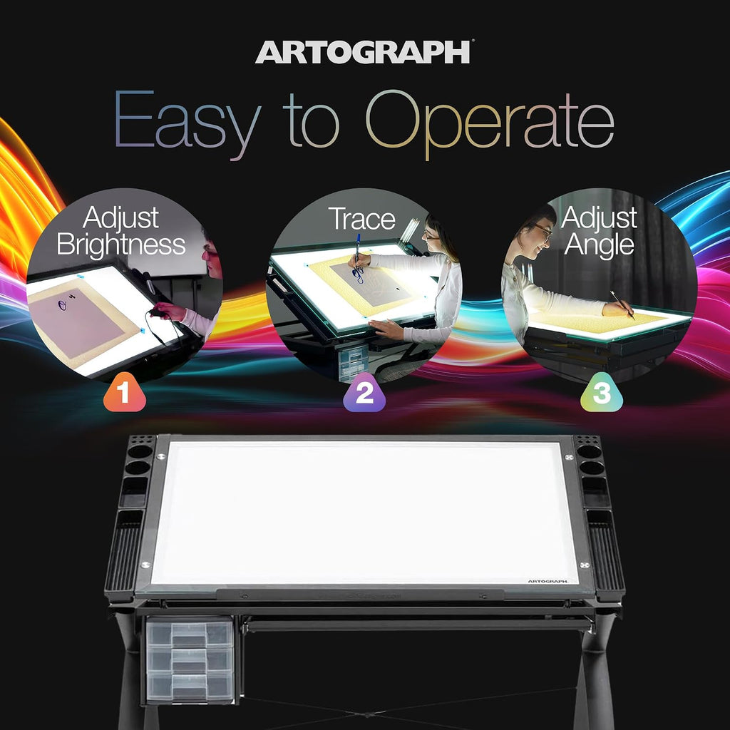 Artograph Futura Light Tracing Table for Artists with Storage and Adjustable Stand, Dimmable Night Glass Work Top