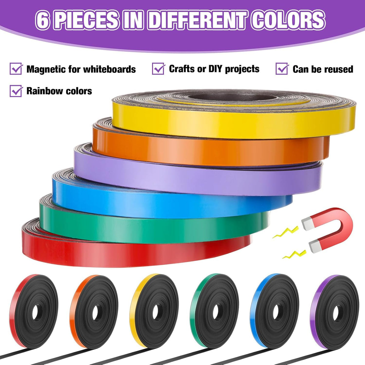 6 Rolls Mixcolor Magnetic Tape Roll Thin Strips, 2/5 Inch x 33 ft
