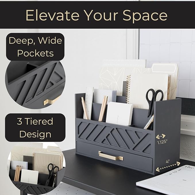 BLU MONACO | Grey Wooden Desk Organizer - Image 3