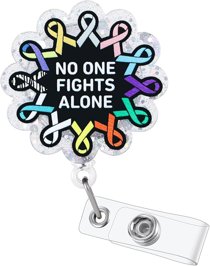 No One Fights Alone Cancer Ribbon Nurse Badge Reel, Cancer Awareness by LINAYOHA