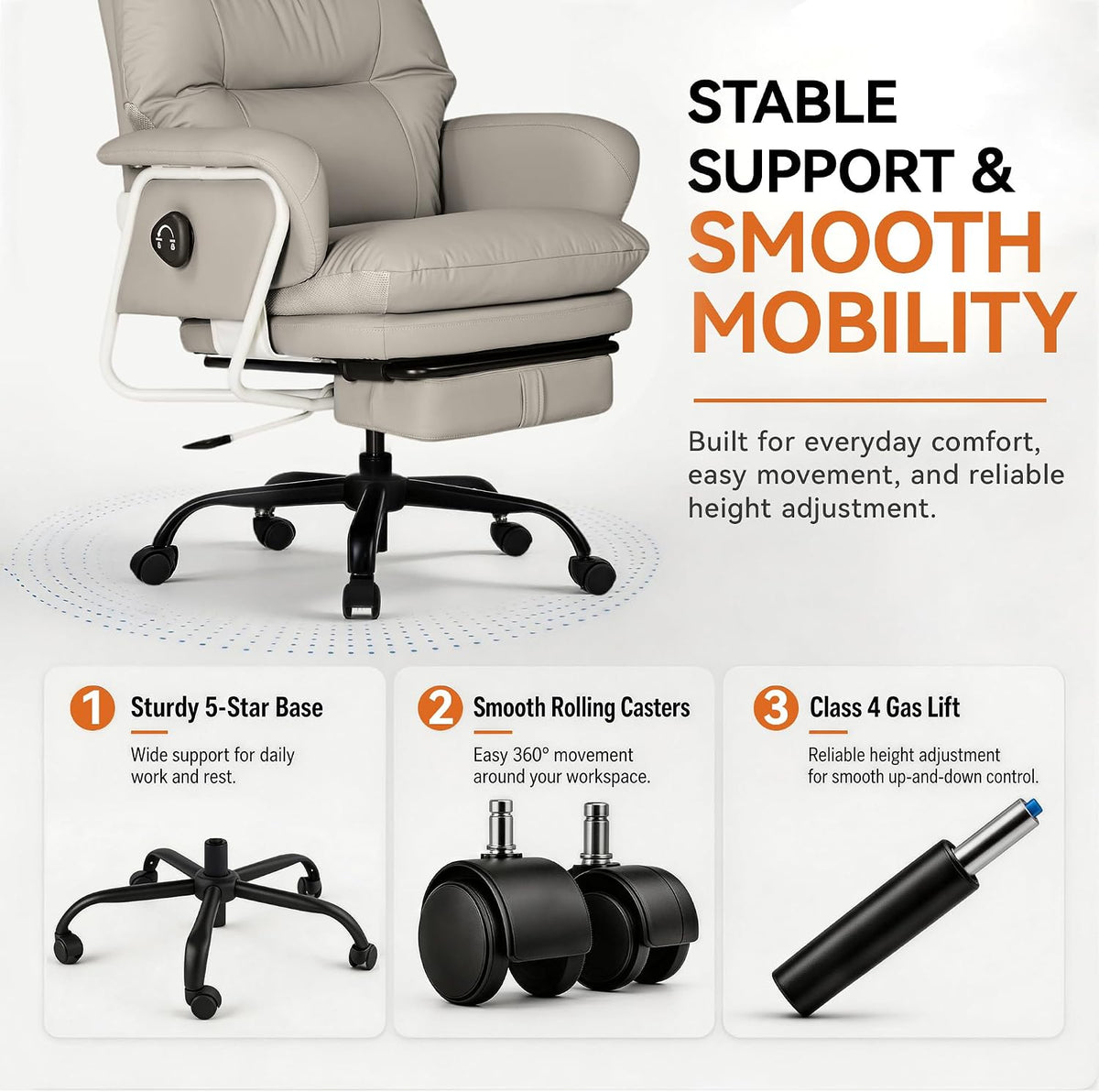 180° Reclining Office Chair with Footrest, PU Leather, Gray
