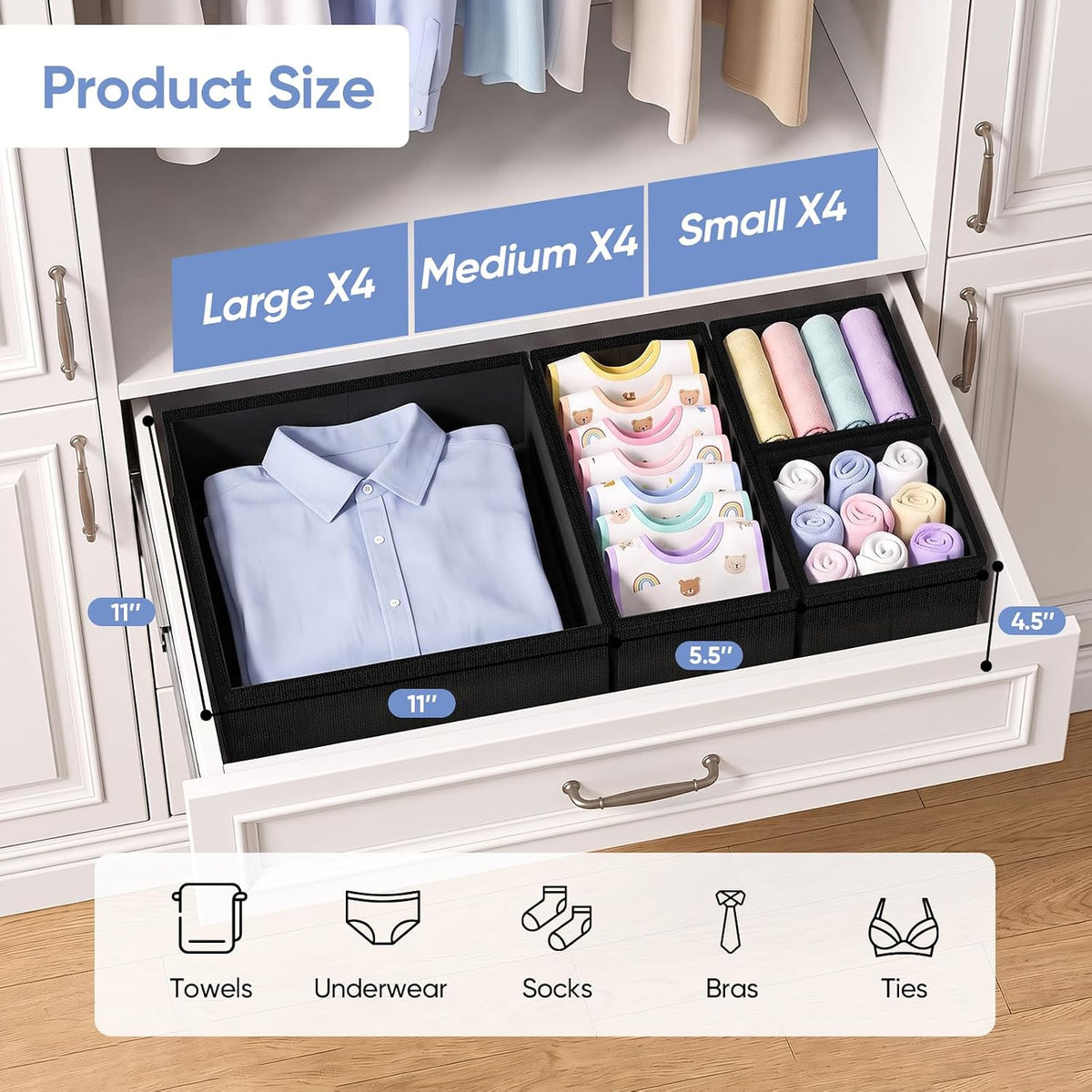 Drawer Organizer Bins Clothes for Underwear,Socks,Ties,20 Pack,Black