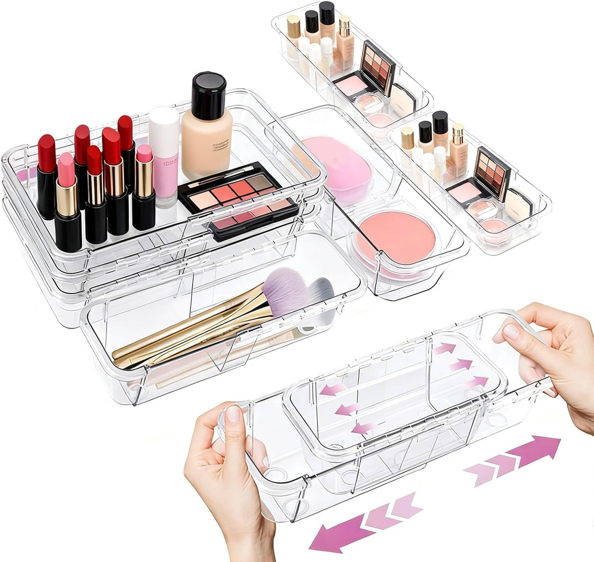16 Pcs Extendable Clear Drawer Organizer, All Adjustable Vanity Storage Box, ...