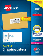 Avery Printable Shipping Labels with Sure Feed,2" x 4" Customizable Stickers,White,1,000 Blank Mailing Labels,Great for Mailing,Shipping,and More (5163),(Pack of 5)