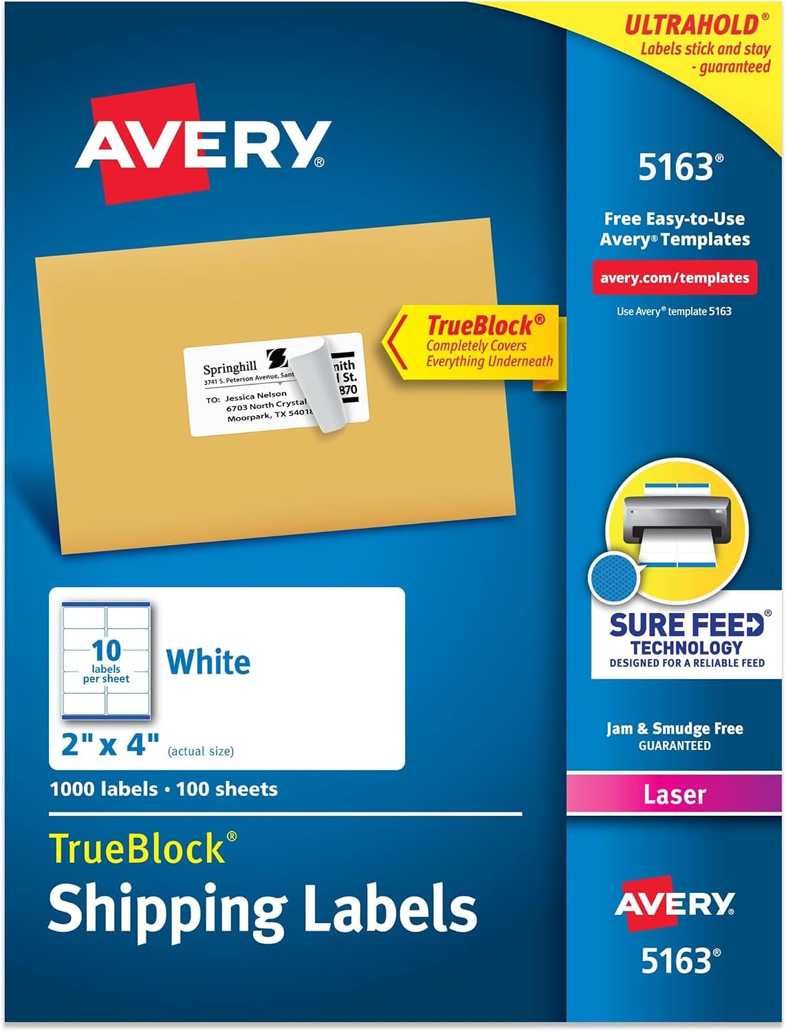 Avery Printable Shipping Labels with Sure Feed,2" x 4" Customizable Stickers,White,1,000 Blank Mailing Labels,Great for Mailing,Shipping,and More (5163),(Pack of 5)