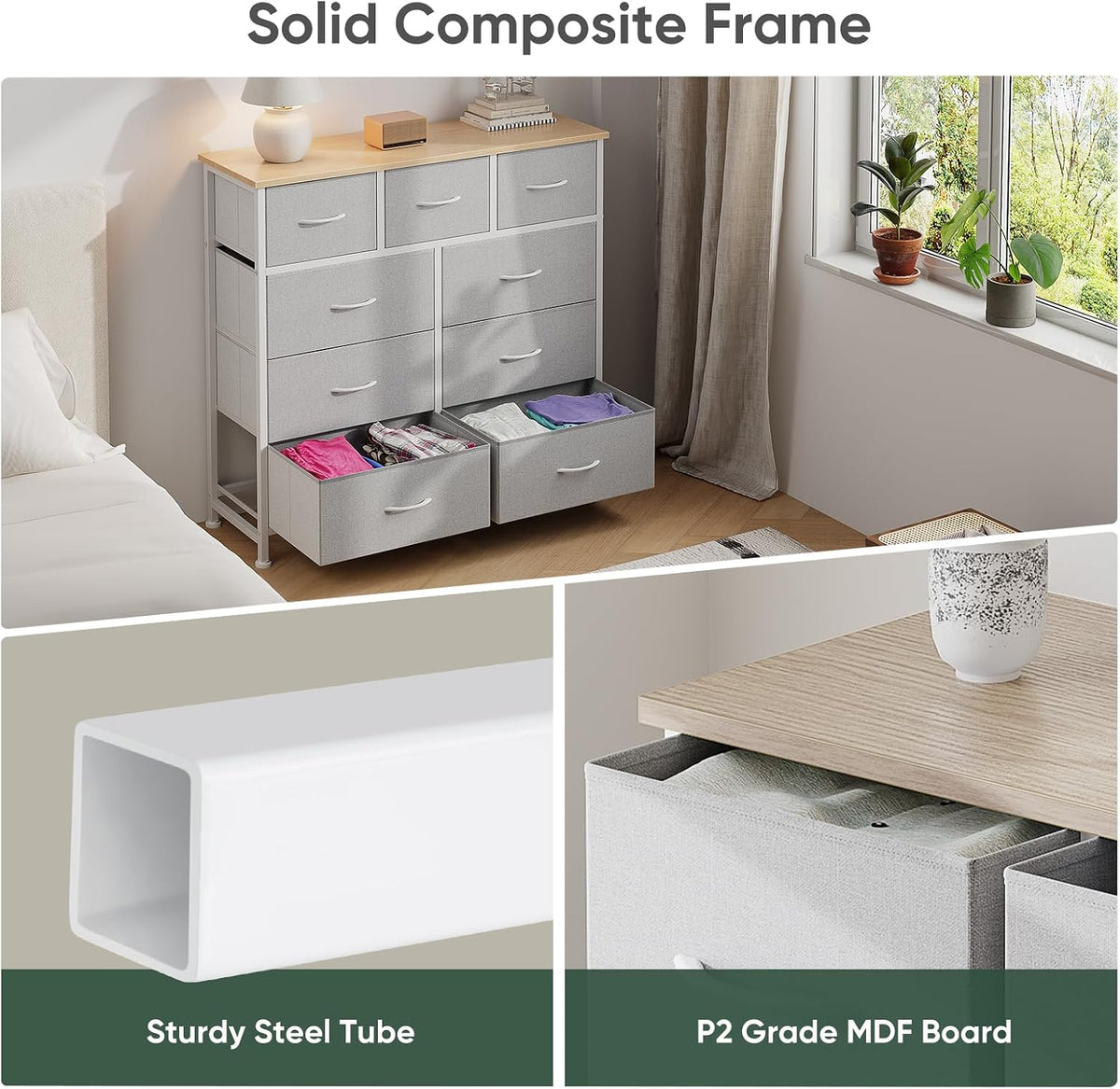 Fabric Dresser for Bedroom with 9 Drawers, Storage Tower