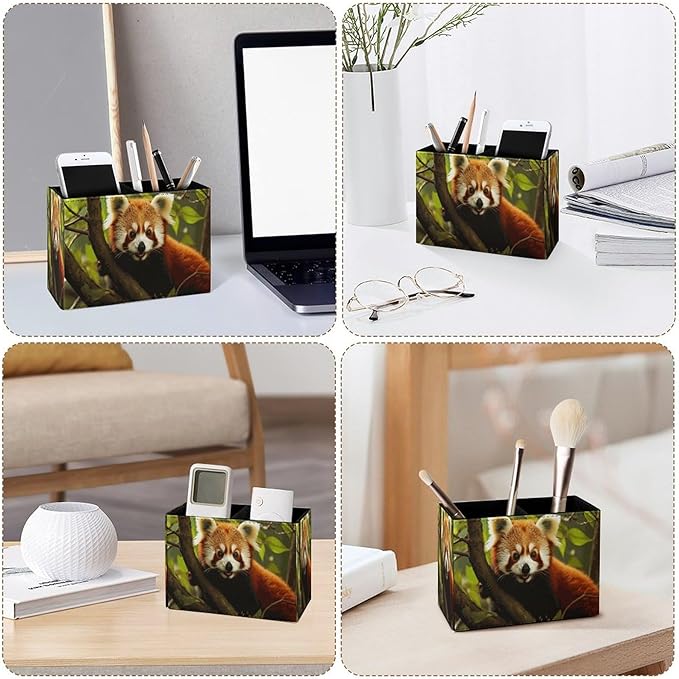 Famame Red Panda Pencil Holder for Desk, Leather Desktop Container Pen Cup - Image 3