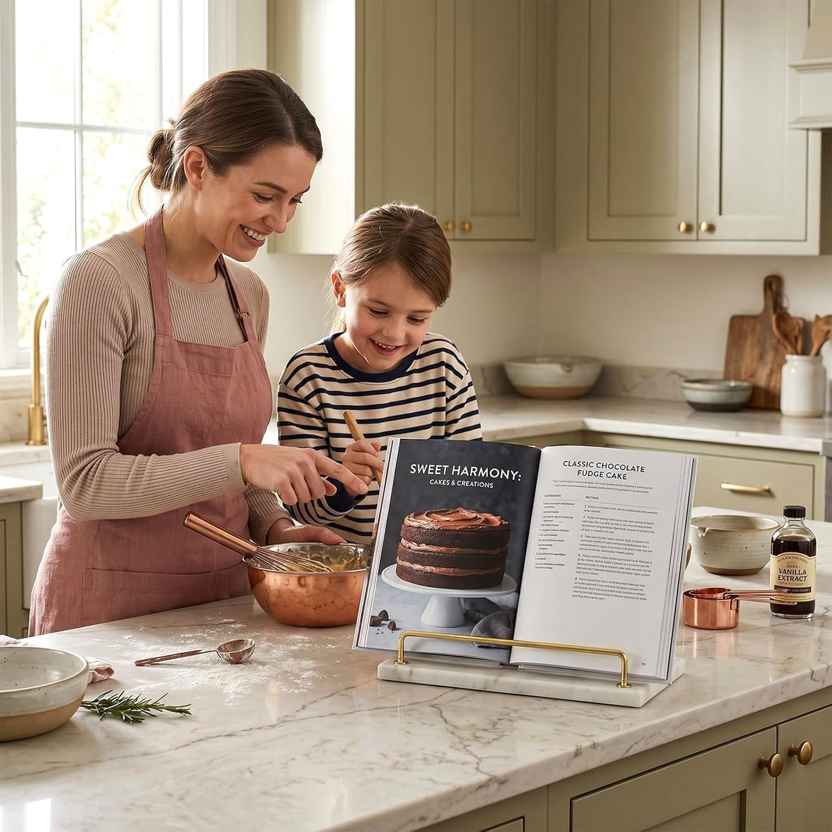 MyGift Modern Marble Cookbook Stand, Kitchen Countertop Recipe Holder Stand w...