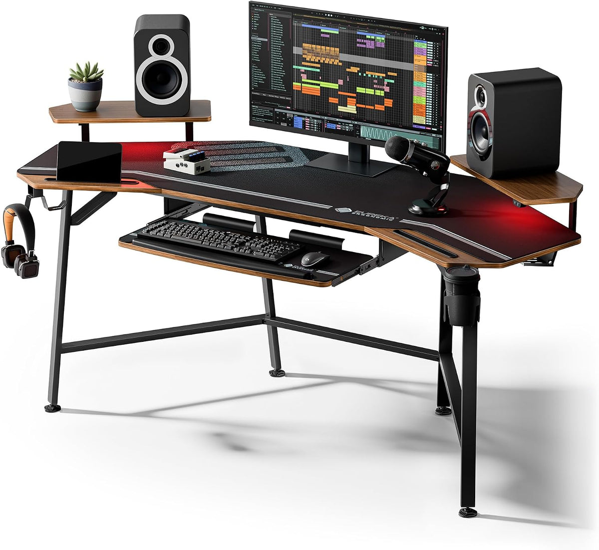 EUREKA ERGONOMIC Gaming Desk Wing Shaped Keyboard Tray 72 Inch Walnut