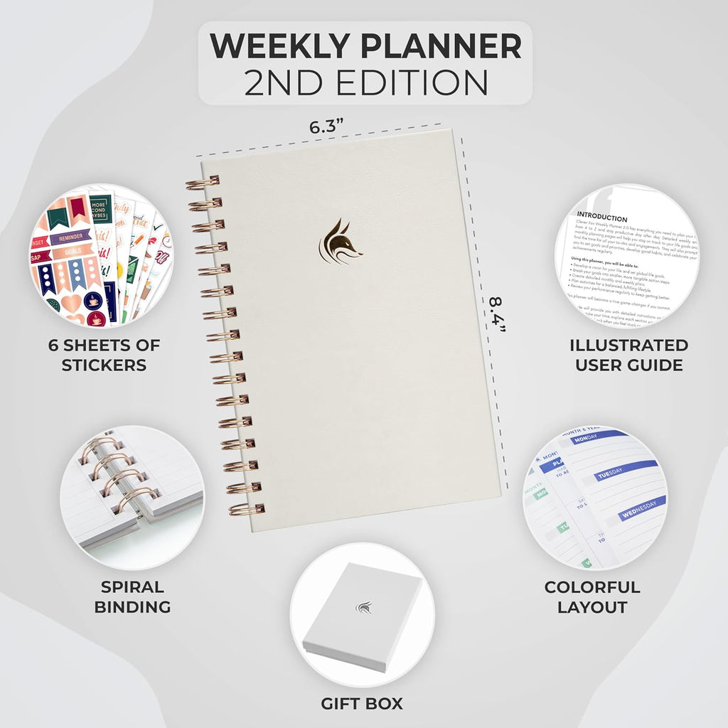Clever Fox Planner 2.0 Spiral, Undated Weekly & Monthly, White | 5.8x8.3, colorful pages, time-management & productivity organizer, to-do list, habit tracker, start anytime w/ undated pages